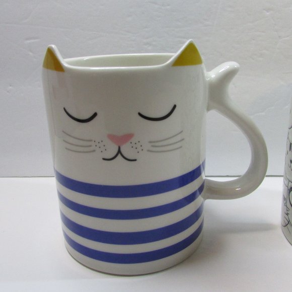 set of 2 kitty mugs Parker Lane stripe cat and embossed cat face cup lot - Picture 2 of 8